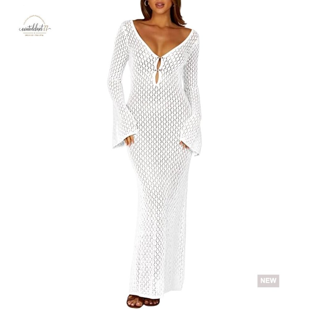 Long Sleeve Crochet Maxi Cover Up Dress Beach Swim Vacation Bodycon